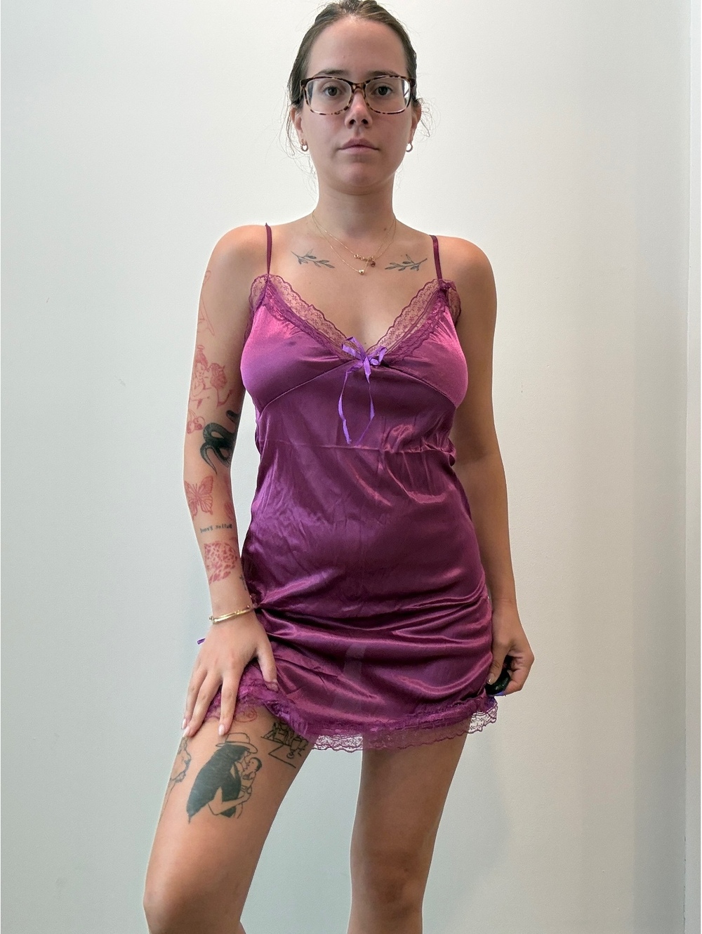 2- piece Purple Satin Lace Mini Slip Dress